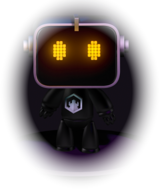 Jasper, the Verum Forge assistant: a small dark robot with amber pixel eyes standing on a lit plinth