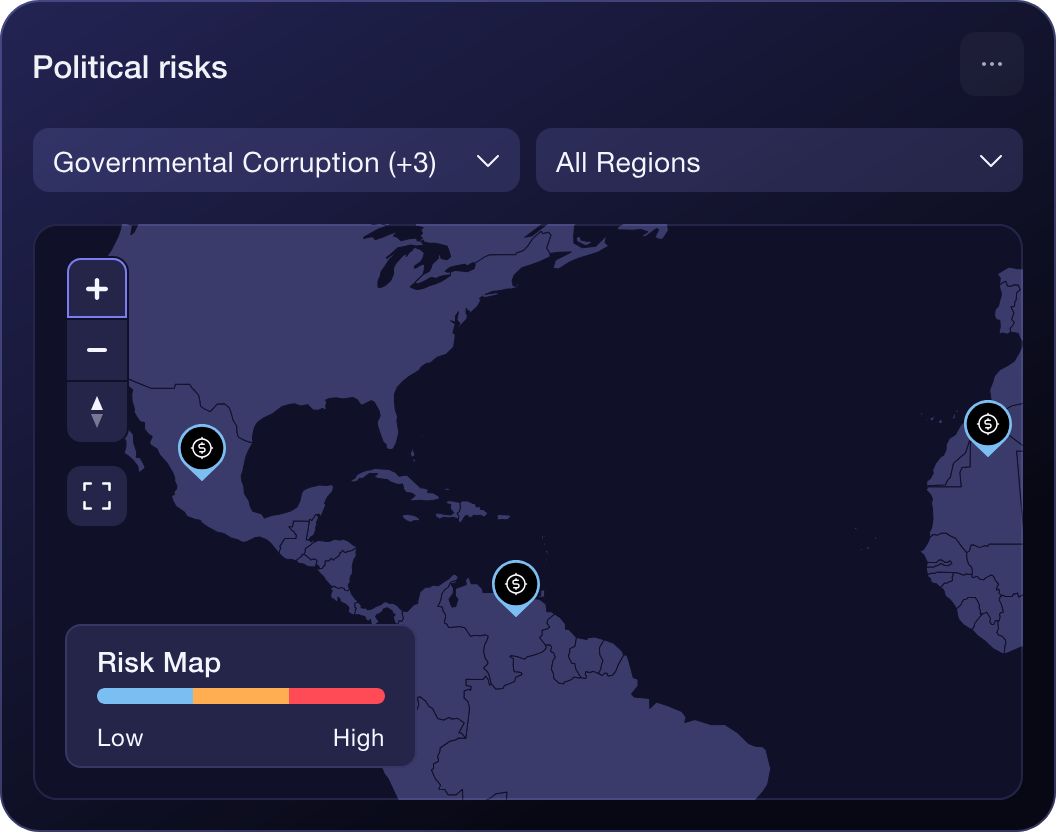 ORION political risks panel with a filter for governmental corruption, a regional selector and a risk map with graded low to high scoring
