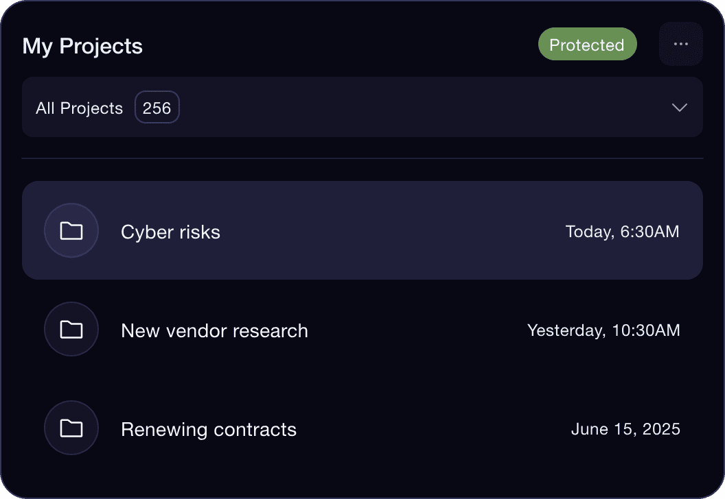 ORION project list marked protected, showing separate projects for cyber risks, new vendor research and renewing contracts