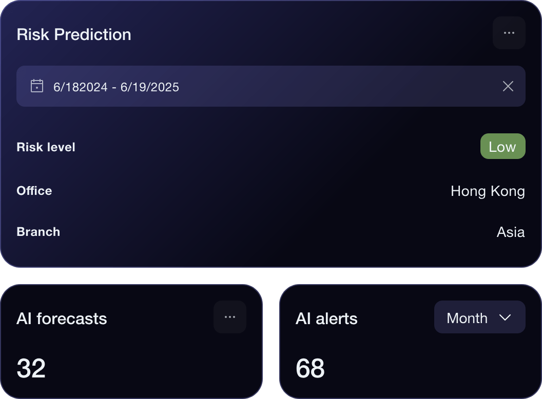 ORION risk prediction panel showing a date range, a low risk level, office and branch, alongside counts of AI forecasts and AI alerts
